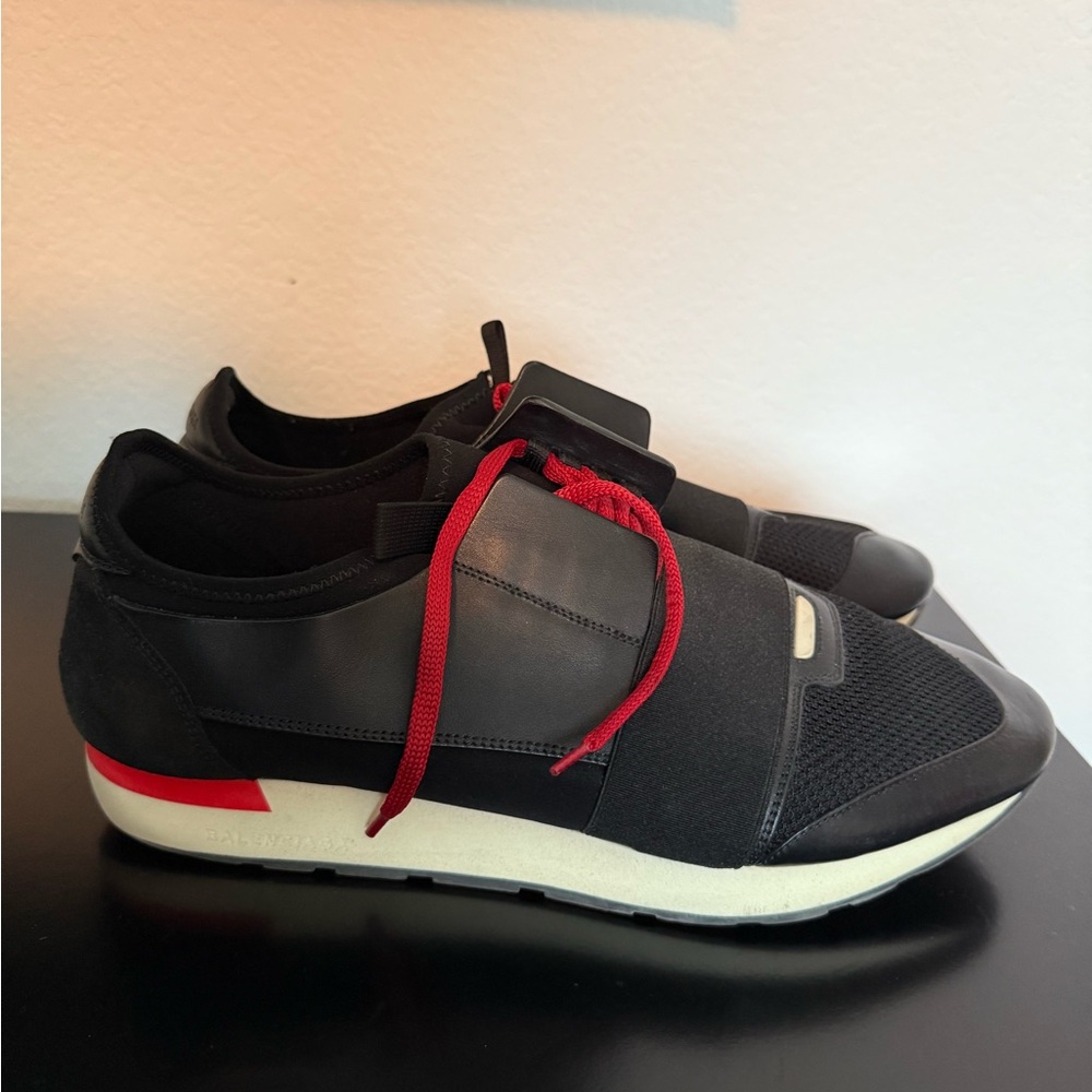 Balenciaga Black/Red Leather And Mesh Race Runner Low Top Sneakers Size 45